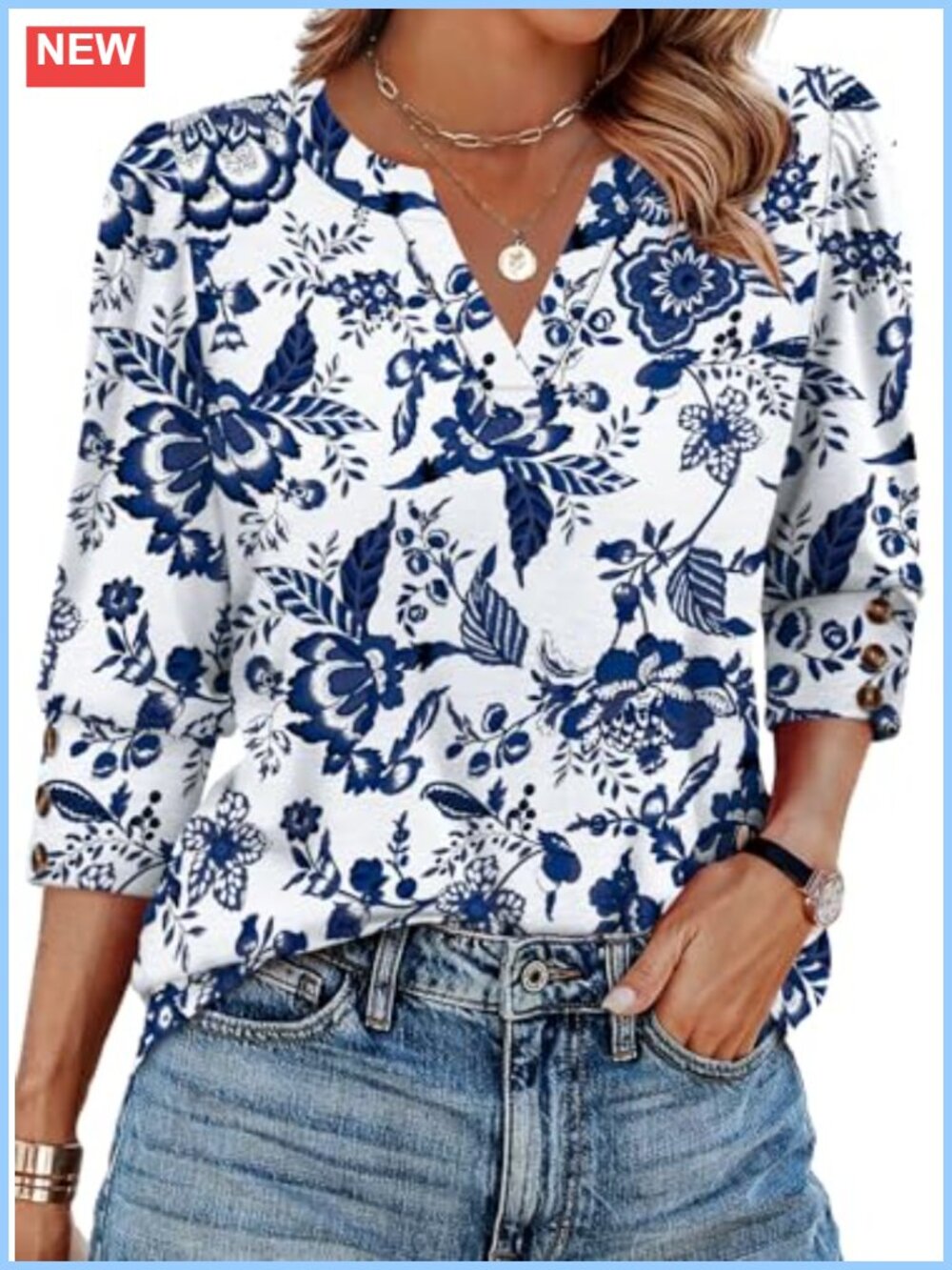 WIHOLL 3/4 Sleeve V-Neck Peasant Blouse Button Cuff Business Casual